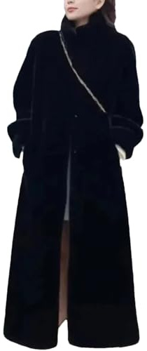 Abrigo de mujer largo de piel sintética esponjoso cálido sólido de estilo teddy para invierno, Negro, L