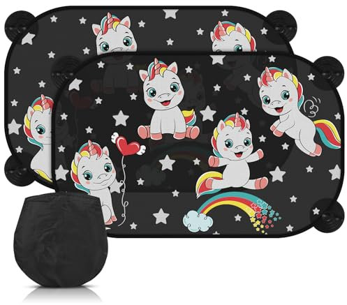 CIRULLI Set di 2 tendine parasole auto bambini con protezione UV, dimensioni 52 * 31cm,Pellicola elettrostatica,tendina parasole auto per la maggior parte delle auto,Motivo casuale elefante/unicorno