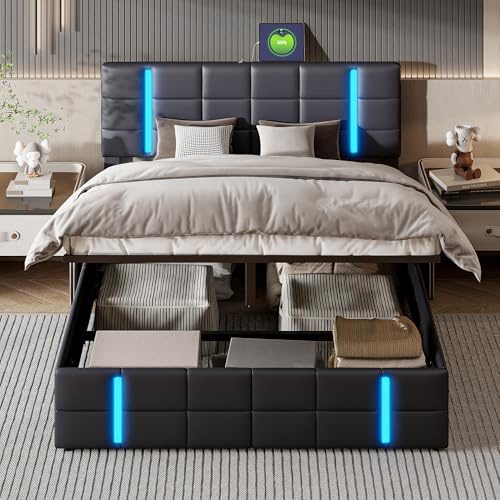 DADEA Boxspringbett 140x200 mit LED und USB, Polsterbett mit Bettkasten, Jugendbett 140x200 mit Bettkasten Boxspringbett mit Stauraum Doppelbett mit Kopfteil Bed with Storage Stauraumbett mit LED