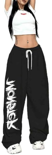 CBDAO Pantaloni da donna con stampa lettere hip-hop da strada e sport, pantaloni a gamba larga dritti e larghi, pantaloni da danza jazz da strada