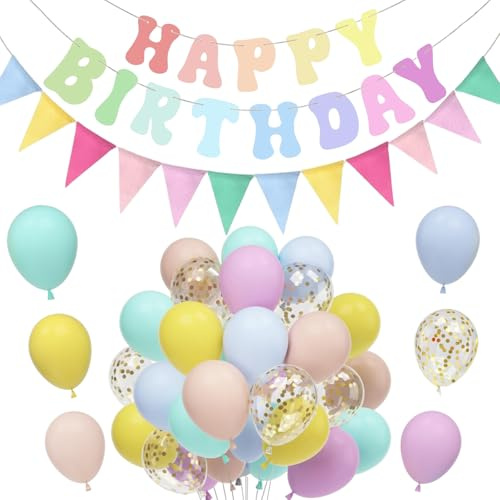 Happy Birthday Deko 62 Stück,Happy Birthday Girlande Geburtstagsdeko,Pastellfarben Deko Geburtstag Geburtstagsbanner für Geburtstag Deko