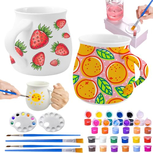 REDKNOT Keramik Bemalen Set Tassen Bemalen Set mit Automatischer Pinselreiniger - 2 Tassen, 2 Farbwanne, 4 Pinsel, 4 * 6 Farben DIY Malset Bastelset Malen Töpferset Kreatives Geschenk für Ihn Sie