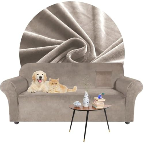 Domidekor - Sofa Überzug Beige - Couch und Sofabezug 2 Sitzer - Sofaüberwurf für Wohnzimmer - Sesselbezug Stretch - Elastische Samt Couchbezug - Breite 145-185cm - Oeko-Tex 100