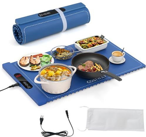 COSTWAY Elektrische Wärmematte Silikon für Lebensmittel, Rollbare Warmhalteplatte, Speisewärmer mit automatischer Abschaltung (6 Temperaturregelung von 50℃-100℃, 1H-5H Timer,Blau)