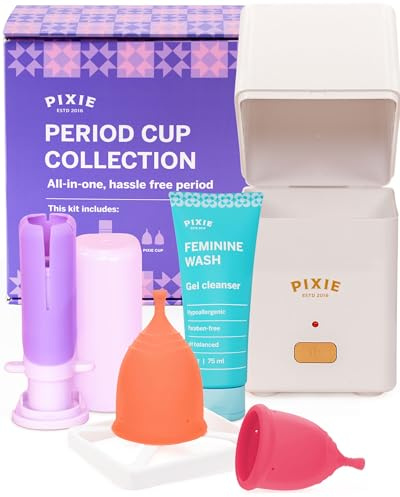 Pixie Collezione Coppette Mestruali – Inserimento Come un Tampone™ – 2 Coppette Riutilizzabili con Applicatore, Sterilizzatore e Detergente Intimo – Soluzione Completa per il Ciclo