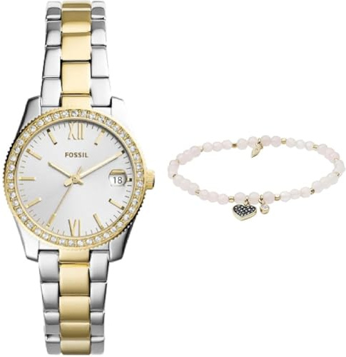 Fossil Damen Scarlette Mini Zweifarbige Edelstahl Uhr und Rosa Halbedelstein Armband, Set