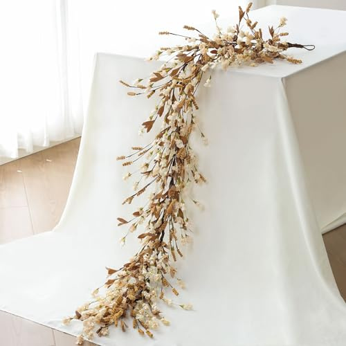Mizii Fall Garland Artificial Flower Garlands 6 Feet Fake Wildflower Floral Garland Hanging Vines Flowers Decorations for Mantle Table Centerpieces Room Wall Fireplace Wedding Fall Decor (Beige)