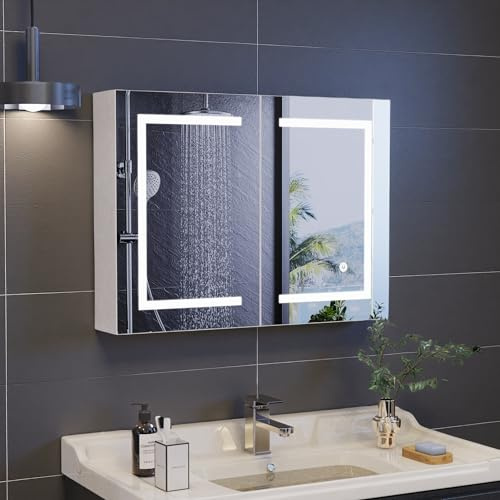 Armoire Toilette Miroir avec Éclairage Led, Armoire Miroir Salle de Bain avec Prise et Étagère Réglable, Meuble Mural de Rangement, Commande Tactile, Température de Couleur Réglable (80x13.5x60 cm)