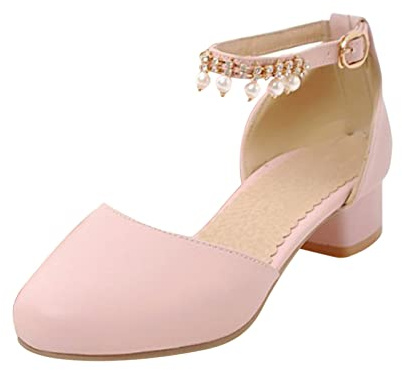 YIzdegg Flicka prinsesskor – klädskor med klack klackskor rund tåhätta bröllopsskor ankle-strap högklackade skor eleganta ballerina singel skor andas flickskor, ROSA, 32 EU