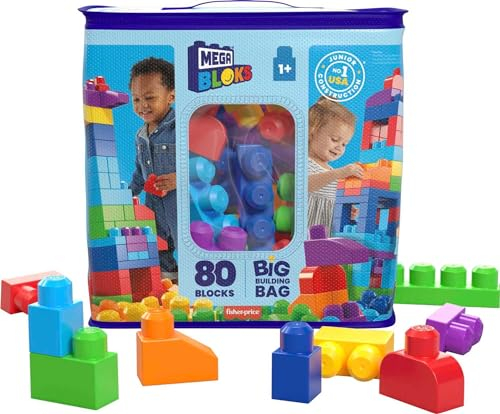 MEGA Bloks-Big Building Bag Sacca Ecologica, 80 Pezzi, Blocchi da Costruzione, Giocattolo per Bambini 1+ Anni, Colore Blu, DCH63