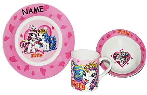 alles-meine.de GmbH 3 TLG. Geschirrset Filly Pferd - incl. Name - Frühstücksgeschirr - Porzellan Trinkbecher + Teller + Müslischale - Frühstücksset für Kinder Mädchen Kindergesch..