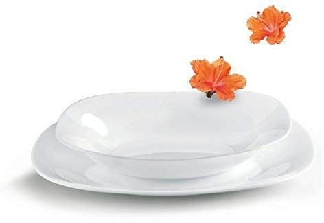 Bormioli Rocco - Juego de vajilla de vidrio opalino blanco, cuadrada, de 18 piezas, de Parma, de 6 platos de cada artículo, llanos y soperos