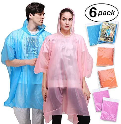 Emergency Rain Poncho Adult with Drawstring Hood - 6 Pack of Color Assorted Waterproof Thinker Ponchos - Lightweight yet Strong, Reusable or Disposable - for Concerts, Amusement Parks, Camping.