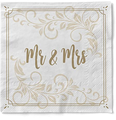 Sovie HORECA Serviette MR & MRS (Ornamente) aus Tissue 33 x 33 cm, 3-lagig, 100 Stück – elegante Hochzeitsservietten mit goldfarbenem Ornamentdesign auf weißem Grund