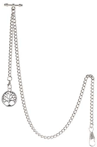 TREEWETO Montre de Poche Albert pour Homme avec 2 Crochets et Pendentif Arbre de Vie Antique, Argenté, Antique