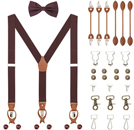 WANYING Uomo Set di Bretelle & Papillon, Bretelle a Forma Y Larghe 3,5 cm, 6 WAY TO WEAR con Bottoni/Clips/Chiusura a Moschettone/Fibbia Salopette Bretelle Allungate - Marrone scuro
