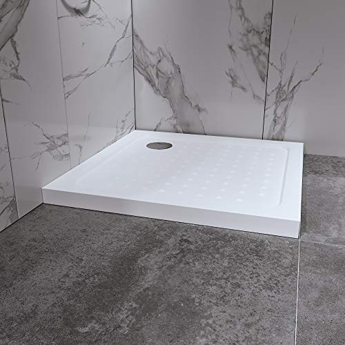 MOG Plato de Ducha 80x80 cm - Plato de ducha plano de acrílico sanitario resistente con tacos antideslizantes incl. juego de desagüe con sifón - Blanco