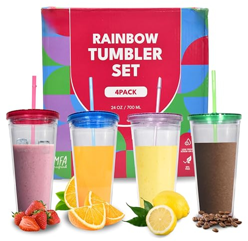 MFA MARFRAND 4 bicchieri di plastica riutilizzabili con coperchio e cannuccia, doppia parete, 700 ml, bicchiere di plastica dura con cannuccia e coperchio senza BPA (COLORE)