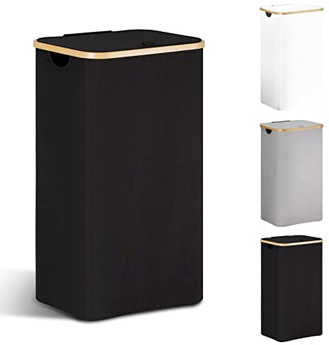YOUDENOVA Wäschekorb mit Deckel 85L Wäschesammler schmal mit Wäschesack Groß faltbarer Wäschesortierer Holz Bambus Wäschetruhe hoch Laundry Baskets, Schwarz