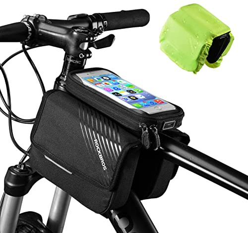 ROCKBROS Bike Frame Bag, Waterproof Top Tube Bike Bag, Large Storage Touch Screen Bike Cell Phone Holder Suitable for iphone X,11,12,13,14 Below 6.4