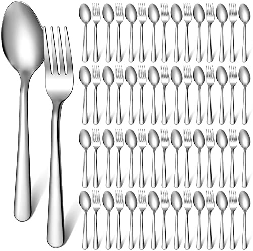 BBTO 100 Pcs Forks and Spoons Silverware Set Bulk Stainless Steel Flatware Cutlery Set 6.7'' Kitchen Utensils for Home Restaurant 50 Dinner Fork, 50 Teaspoon, Mirror Polished, Dishwasher Safe