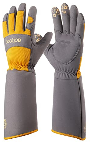 COOLJOB Gardening Gloves for Women and Men, Thorn Resistant Heavy Duty Garden Gloves, Long Sleeve Forearm Protection Ladies, Synthetic Leather Gauntlets for Pruning, Orange & Grey (1 Pair, Size M-L)