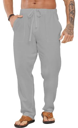 LVCBL Pantalon en Lin pour Homme - Pantalon d'été Long et Large - avec Cordon de Serrage - avec Poches - Aéré - Protection Solaire, Gris Clair L