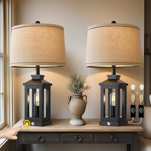 G-SAFAVA 23.75 Retro Farmhouse Black Table Lamp for Living Room Bedroom Nightstand Set of 2 Touch Control Bedside Nightlight Vintage Modern Lamp with USB C+A Ports and 2 Light Sources