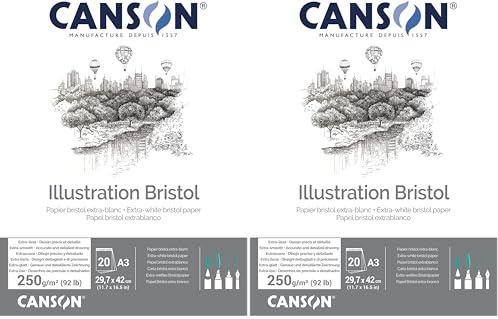 Canson, Papel Bristol, Extra Suave, 250g, Encolados por el lado corto, A3-29,7x42cm, Extra Blanco, 20 Hojas (Paquete de 2)