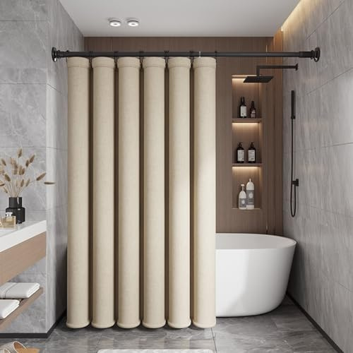 ANAZOZ Duschvorhang Beige 300x200, Duschvorhänge Polyester Waschbar Anti Schimmel Badevorhang Leinenoptik mit Hacken