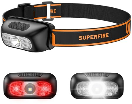 SuperFire Stirnlampe LED Wiederaufladbar, 2000 Lumen Kopflampe Stirnlampe Rotlicht, USB Wiederaufladbare, 5 Modi, Verstellbaren Einrast Für Erwachsene & Kinder, Wasserdicht Für Angeln Camping Joggen