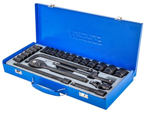 FORSAGE 24-tlg 1/2 Zoll Impact Steckschlüssel Set – 18 kurze 6-Kant Nüsse 8-32 mm, Ratsche, Verlängerungen, T-Gleitgriff & Kardangelenk – Profi Werkzeugset im Metallkoffer