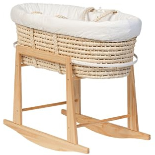 Couffin Moïse en Osier Naturel avec Support à Bascule - Berceau Tressé en Fibres de Maïs - avec Literie en Coton, Doublure Rembourrée et Support en Bois (Couffin, Literie et Support)