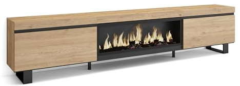 Skraut Home | Mueble TV | Televisión | Muebles de salón, almacenaje | 267x57x35 cm | para TV Gran Formato | Chimenea eléctrica XXL | Diseño Industrial | Estilo Moderno | Roble
