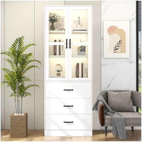 Sapgaks Vetrina bianca con 3 cassetti e 2 partizioni mobili, vetrina in vetro con illuminazione a LED, vetrina soggiorno con 2 ante vetrate, armadio di stoccaggio, bianco (60 x 40 x 200 cm)