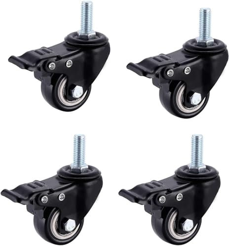 4 Stück 2 Zoll/1,5 Zoll Gewinde M8/M10 Lenkrollen for Möbel, 360 drehbare Lenkrolle, geräuschlose Doppellager-Schaftrollen, mit Bremsen, Schwarz(1.5inch M8x25mm)