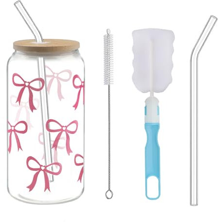 XINGNA Glass with Lid and Straw, 16 oz (500 ml) Drinking Glasses with Bamboo Lids and Glass Straw, Elegant Bow Glass Cup for Bubble Tea, Coffee or Cocktail, Gifts for Women Girls Friends (Pink Bow)