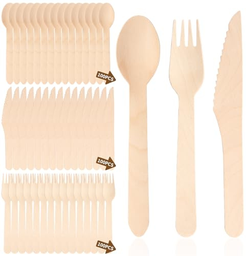 Heuchaey Besteck, Holzbesteck 300er, 100 Messer, 100 Gabeln, 100 Löffel | Besteck-Set für Partys und Camping