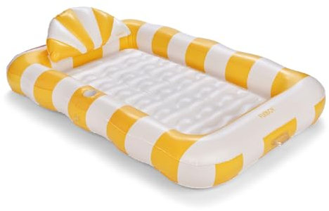 FUNBOY Tanning Pool Lounger Float Yellow Stripe, XL 72'' x 48'' Pool Float with Custom Pillow and Large Cup Holder, Perfect for Pool or Backyard.