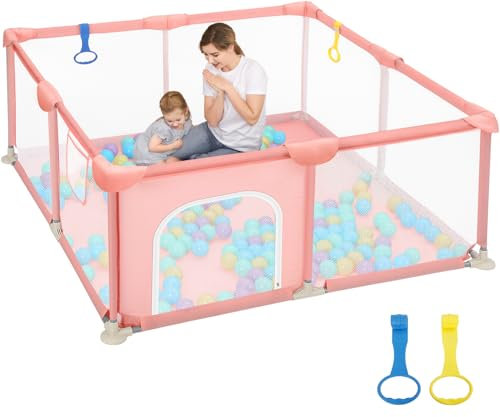 Dripex Parque Infantil Bebé, 124x124cm Corralito Bebé Antideslizante, Parque de Bebe y Niño, Parque de Juego Tela Oxford 210D, Corral para Bebe con Malla Transpirable, con 2 Anilla Parque, Rosa