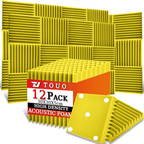 TOUO Akustikplatten, schalldichte Schaumstoffplatten für die Wand, 30,5 x 30,5 x 5,1 cm, schwer entflammbarer Keil-Akustikschaum, hochdichter schallabsorbierender Schaumstoff für Heimstudio, Gelb, 5,1