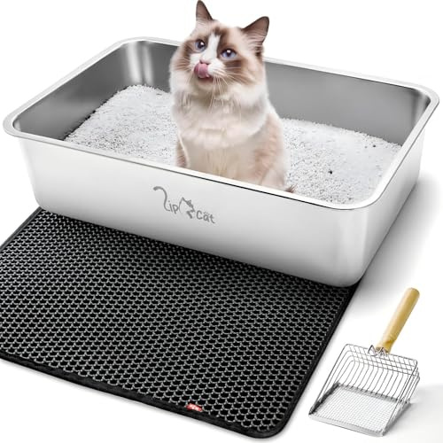 LipCat® Katzenklo Edelstahl XXL 60x40x15cm – Geruchsfreie Katzentoilette offen, rostfrei & leicht zu reinigen, Set inkl. Matte & Schaufel, für Jede Katze – auch XXL Rassen