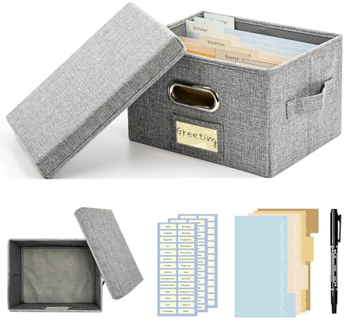 Remowith Grußkarten-Organizer-Box 26 cm, Grau | Aufbewahrungsbox, 20 verstellbare Trennwände & Etiketten, organisiert Karten & Fotos, Büro-Geschenk