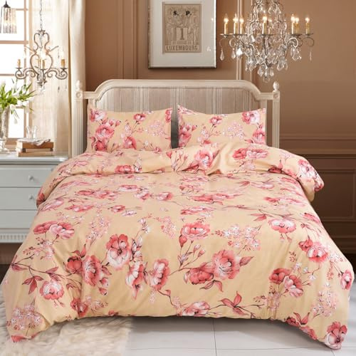 SAIMAZ 4 Piece Printed Bedding Set Duvet Cover, Deep Fitted Sheet & 2 Pillowcases Single, Double, King, Super King Sizes Soft Microfiber, Wrinkle-Resistant, Easy Care (Double, Floral Peach)