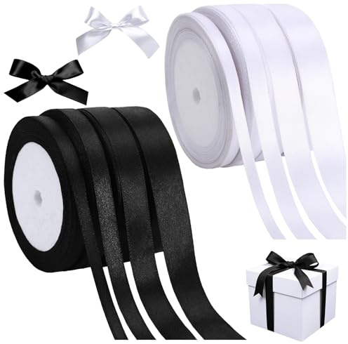 8 Stück Satinband Schwarz Weiss, 176m Geschenkband,6/10/15/20 mm Schleifenband,Geschenk Band Hochzeit Stoff,Stoffband für Hochzeit, Geschenkverpackung,Geburtstag Geschenke,Valentinstag