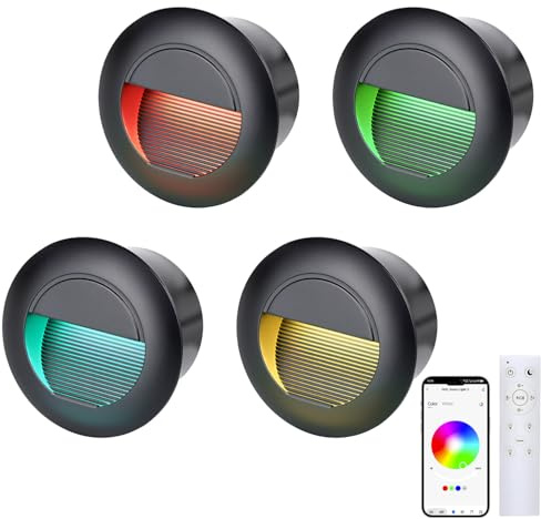 FWoche spot encastrable exterieur RGB Blanc chaud blanc froid, Bluetooth led escalier 65mm, avec boîte encastrée, télécommande 230V eclairage mural Alu IP65 escalier encastrable, noir（Paquet de 4）