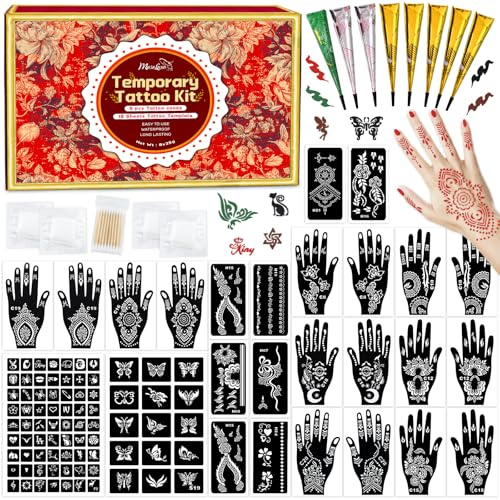 MuseLuxe Temporary Tattoos Stencils Kit,Temporary Tattoos Kit - 8 Pcs 4 Color(Brown,Black,Cherry red,Green), Ink with Gloves,DIY Body Art Painting for Women Men Adults Kids