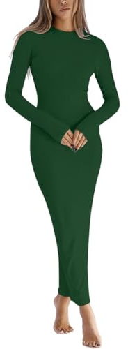LACOZY Langärmeliges Midi-Kleid, sexy, figurbetont, Bleistiftkleider, formell, Cocktailkleid, Hochzeit, Party, langes Kleid, dunkelgrün, XS