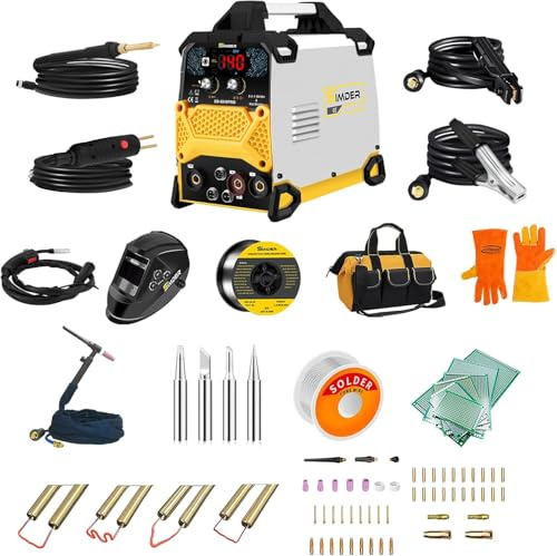 SSIMDER 5010 Luxury Package with MIG Welder 5 in 1 and Tig Gun/Welding Helmet/Toolbag/Welding Gloves/Soldering Lron/Solder Wire/TiG/MiG Consumables/Soldering Practice Board/Plastic Welding Staples