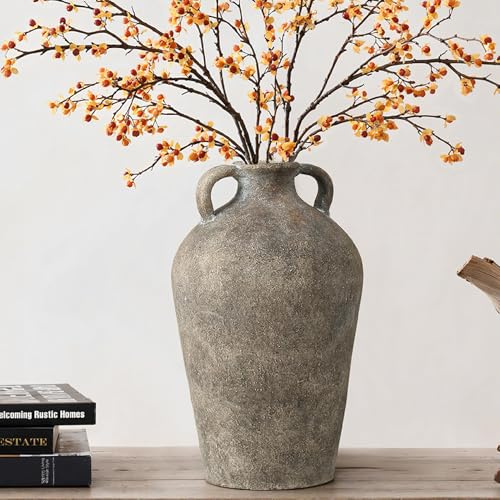 Hometopia Keramik Vase Groß in Naturstein-Optik, Rustikale Blumenvase Grau im Antik-Stil, Wabi-Sabi Amphore für Zweige & Trockenblumen, Vintage Wohndeko, 30cm Höhe
